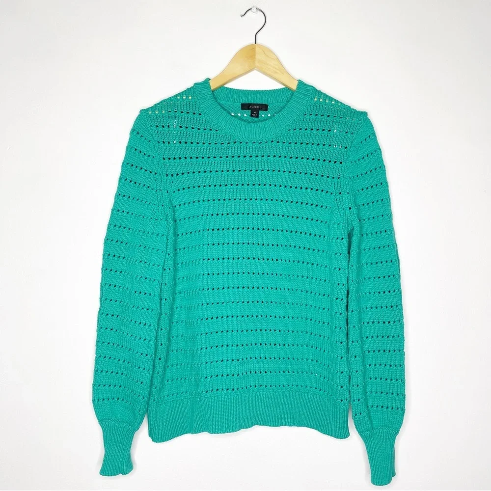 J. Crew Balloon Sleeve Pointelle Crew Neck Pullover Sweater Size Medium - Picture 7 of 7